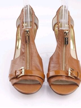 MICHAEL KORS strappy Wedge Sandals Cognac leather sandals zip buckle detail 8.5